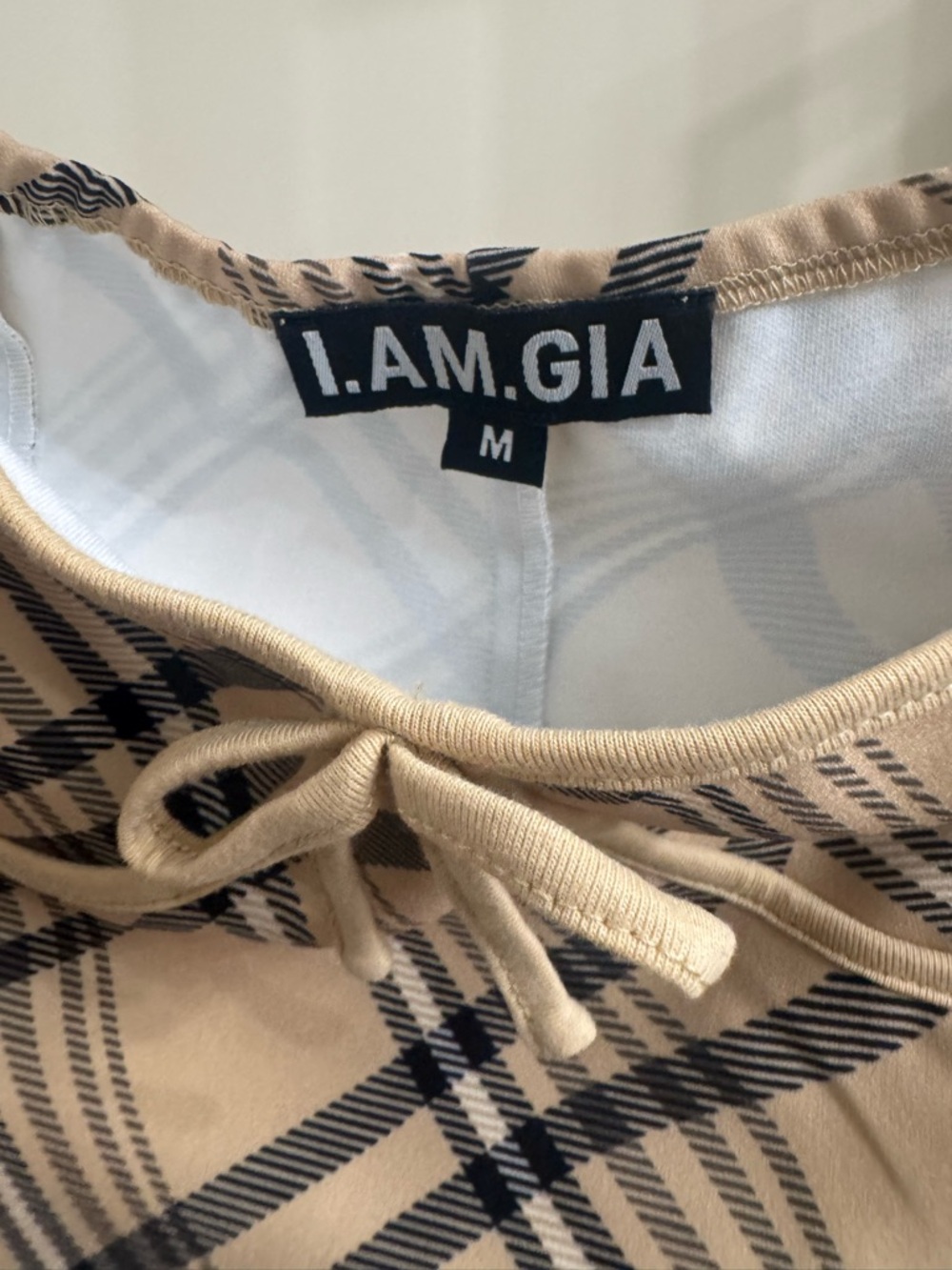 I.AM.GIA Beige and Black Plaid Ruched Strap Crop Top - Picture 3 of 4